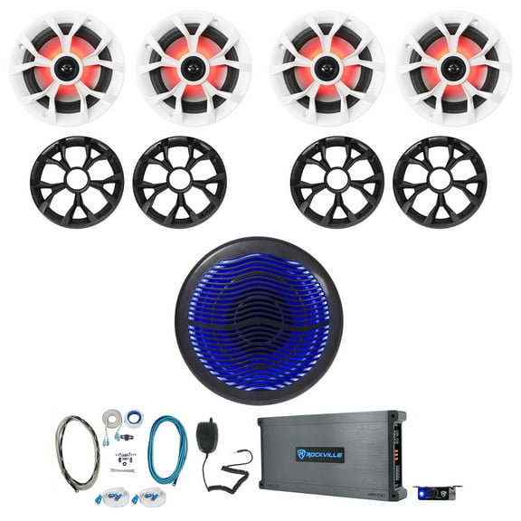 (4) Rockville RKL65MBW 6.5" Marine Boat Speakers w/LED 10" Subwoofer Amplifier