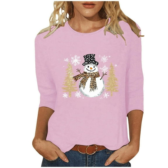 LiMoi Women's Cute Christmas Snowman Top 3/4 Sleeve Round Neck Blouse for Gift Giving Tees Tshirts Shirts My Items