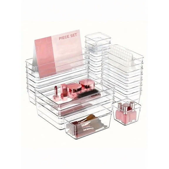 25 PCS Clear Plastic Drawer Organizer Set, 4 Sizes Desk Drawer Divider Organizers and Storage Bins for Makeup, Jewelry, Gadgets for Kitchen, Bedroom, Bathroom, Office