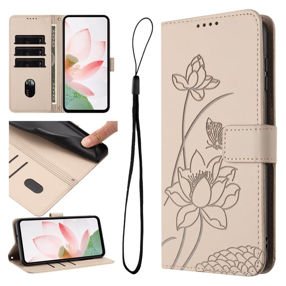 for Samsung Galaxy S24 Floral Embossed Flip Wallet Case PU Leather with Card Slots Cash Slot, Fashion Shock-Absorbent Kickstand Wrist Strap Protective Women Girls Phone Cover, Beige