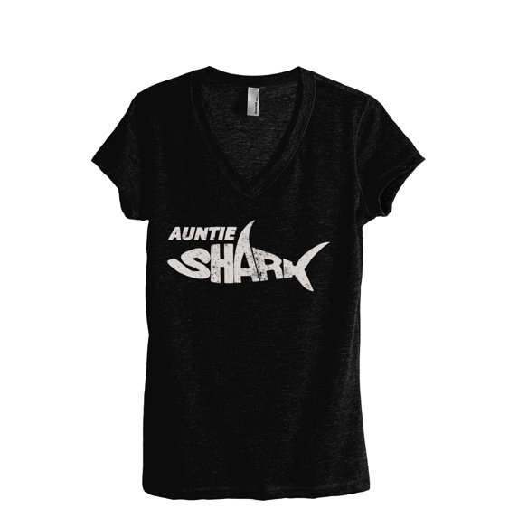 Auntie Shark Women's Fashion Relaxed V-Neck T-Shirt Tee Heather Black X-Large