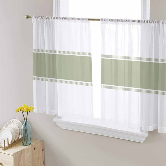 Sage Green Stripes, Semi Sheer Curtains 54 Inch Length 2 Panels Set, Geometric Pure Solid Color Sheer Kitchen Curtain Privacy Voile Window Curtain for Living Room Bedroom Rod Pocket Drapes