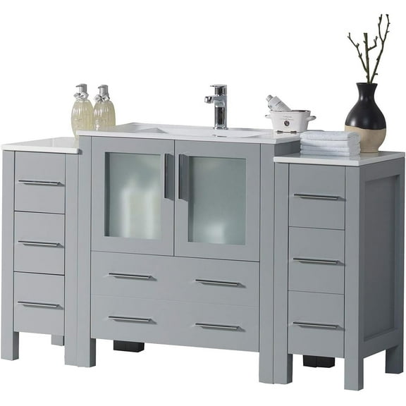 Blossom 54" Bathroom Vanity | Metal Grey | Ceramic Sink | Solid Wood | Double Side Cabinets | Freestanding
