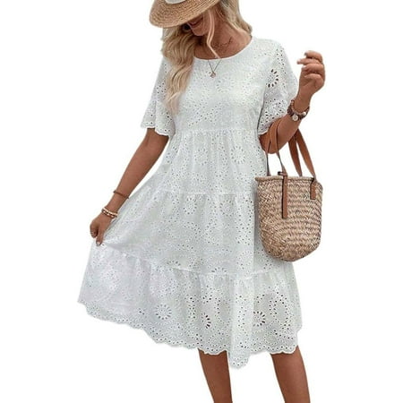 XiaoBanDeng Women s Lace Eyelet Short Sleeve Tiered Midi Long Dress Ruffle Hem Babydoll Short Dress