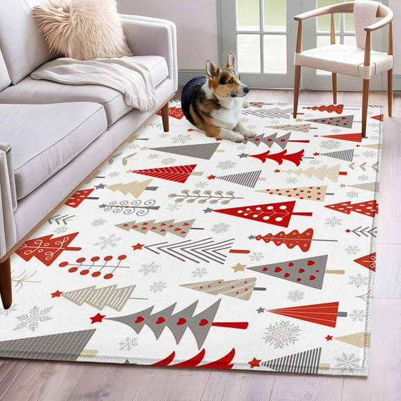Red Grey Christmas Area Rug 3x5 Washable Rug Non Slip Xmas Tree Snowflake Winter Large Area Rug Indoor Floor Carpet for Entryway Bedroom Kitchen Living Room Home Office Dining Room Nursery