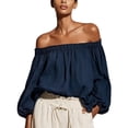 thumbnail image 2 of Endives Women's Blouse Off Shoulder Long Sleeve Chiffon Blouse Casual Loose Puff Sleeves Shirts Solid Color Summer Beach Vacation Outfits Shirts for Women Navy S, 2 of 4