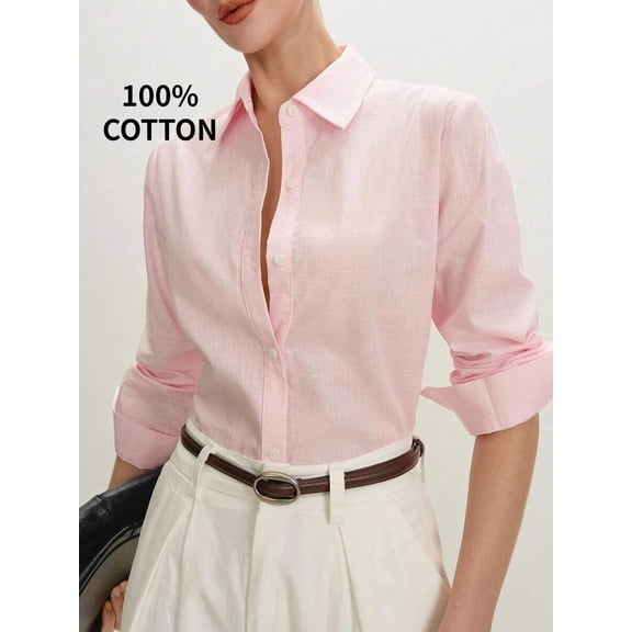 Womens 100% Cotton Pink Button-Down Long Sleeve Shirt, Casual Office Elegant Workwear