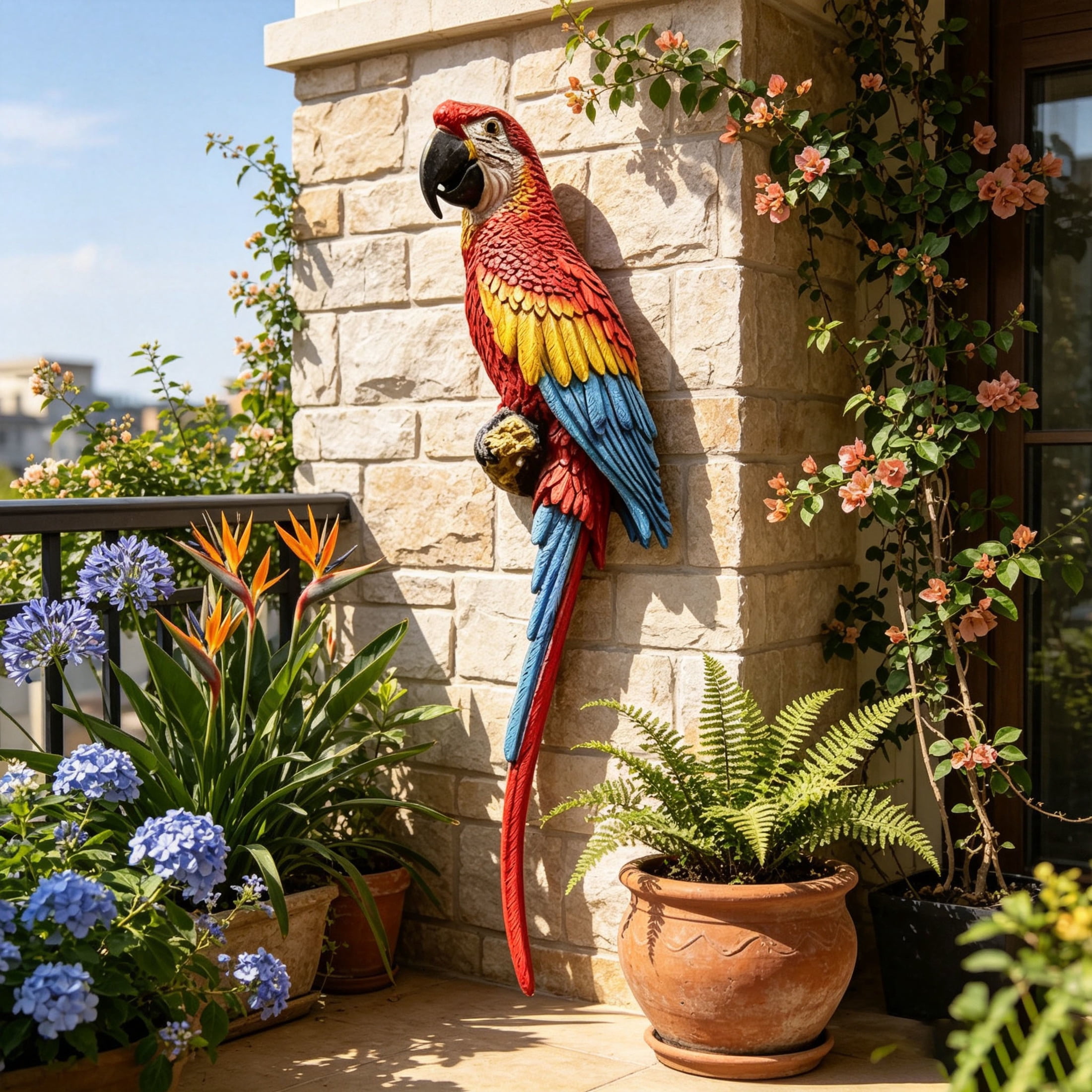GDF Studio Lifelike Hand-Painted Scarlet Macaw Resin Parrot Statue, Weatherproof Tropical Outdoor Sculpture Figurine
