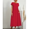 thumbnail image 5 of Women's Elegant Solid Color Dress Summer Short Sleeve O-Neck Vintage Harajuku Cotton Linen Comfortable Loose Pocket Long Dress, 5 of 5