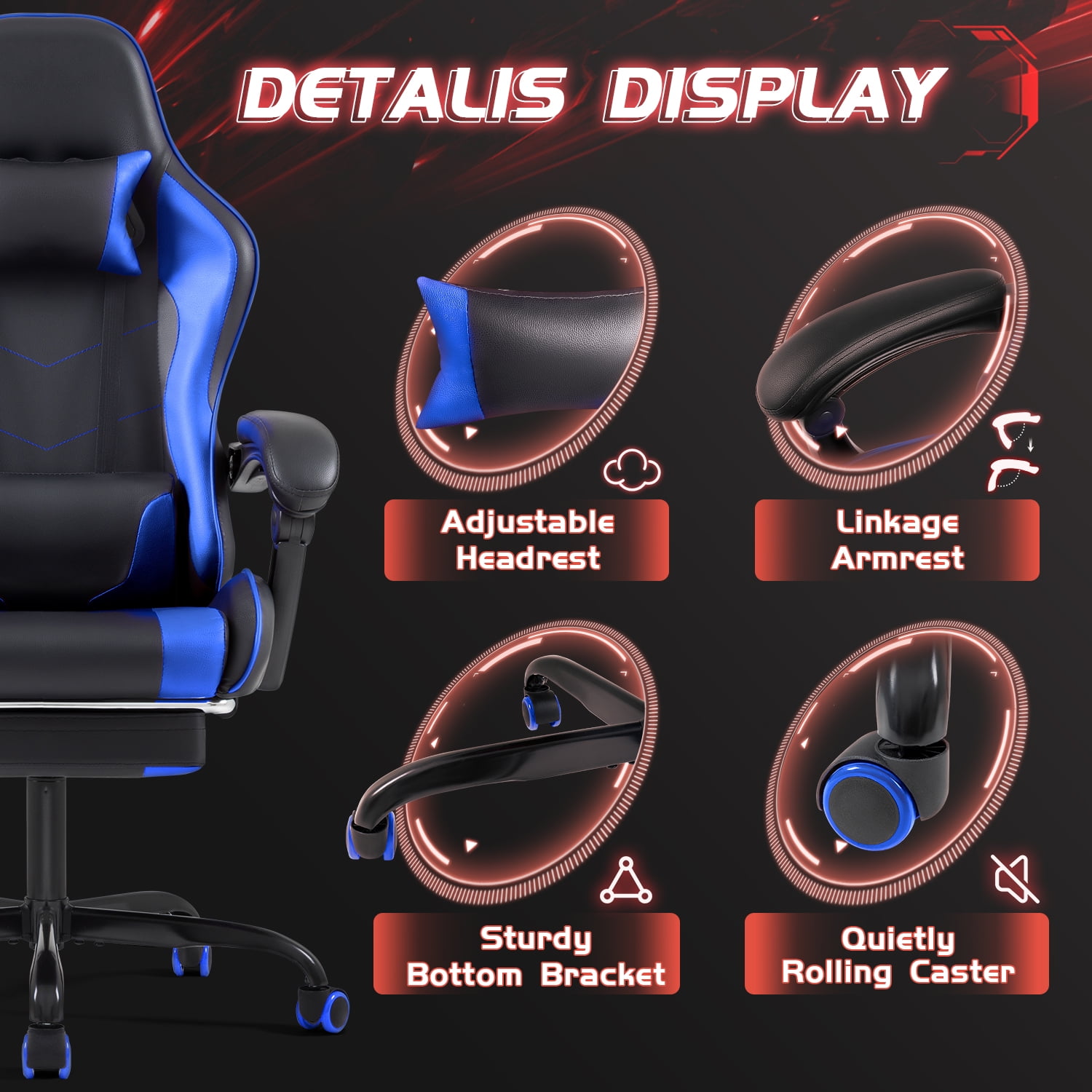 Homall PU Leather Gaming Chair Massage Ergonomic Gamer Chair Height Adjustable Computer Chair with Footrest & Lumbar Support, Blue