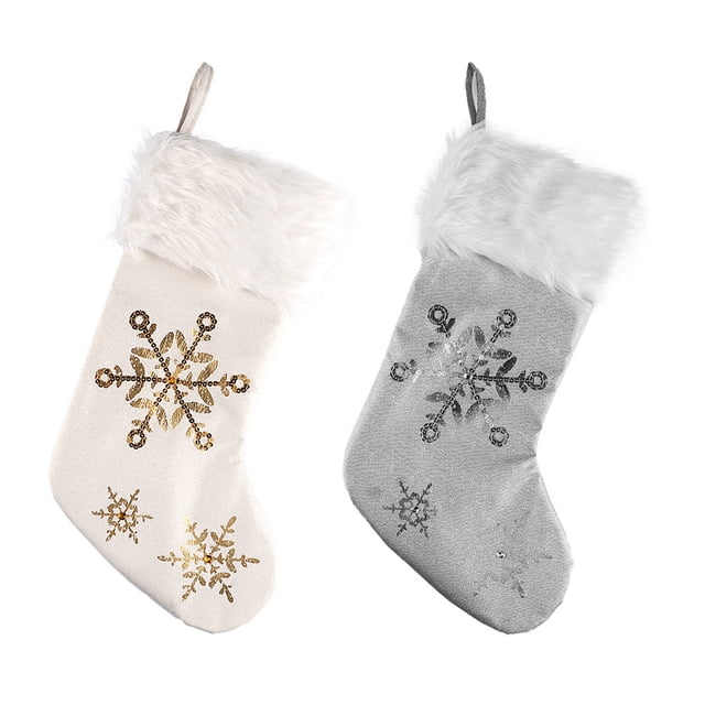 Juego de 2 medias navideñas con copos de nieve, hilo dorado, hilo plateado, medias de lino, medias decorativas navideñas, medias de regalo