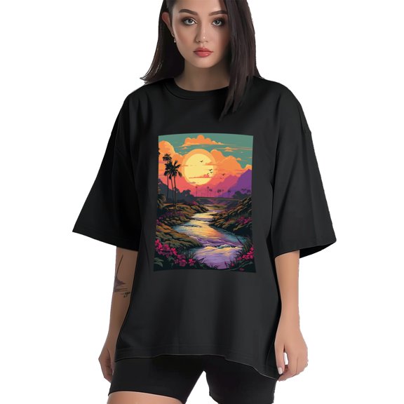 Plus Size Shirt for Women Black Tops for Women Short Sleeves Shirt for Women Vintage Landscape T Shirt Crewneck Shirt for Women XS
