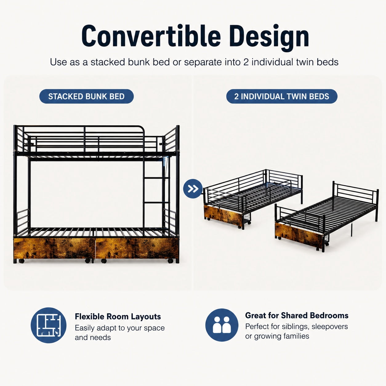 Miniyam Twin Over Twin Metal Bunk Bed with Storage Drawers, Convertible Bunk Bed with Guardrails, Ladder, Black