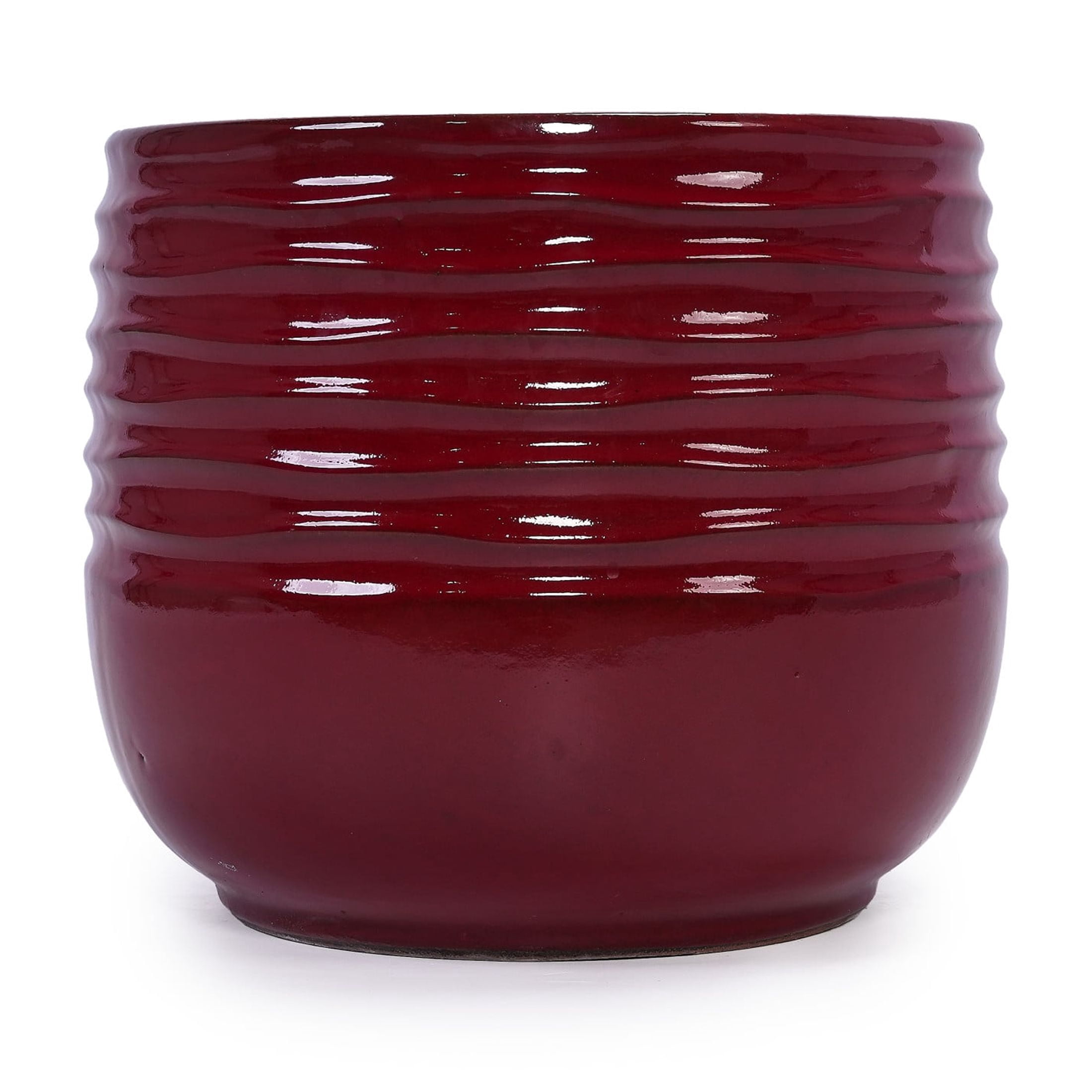 Noble House Brandon Ceramic Flowerpot Set, Glossy Floral Design for Patio or Garden, Set of 3, Bean Paste Red