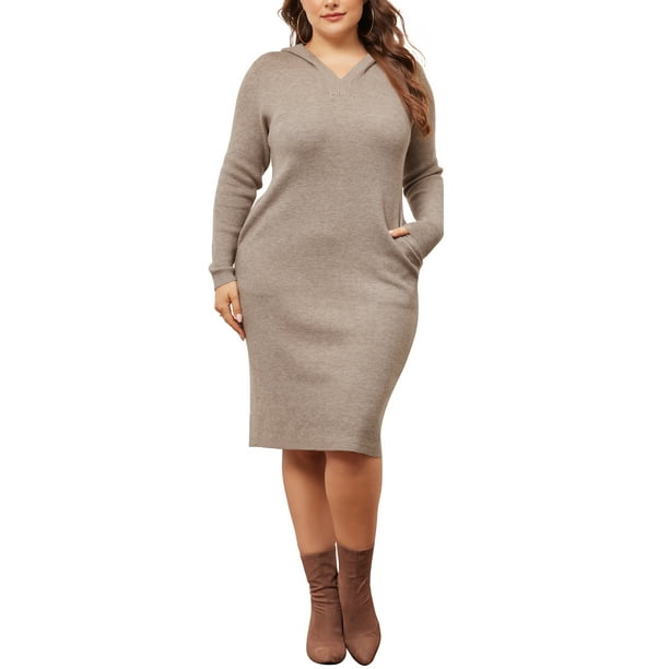 Vestido de suéter de talla grande Agnes Orinda para mujeres, vestido midi con capucha de manga larga 1X color caqui