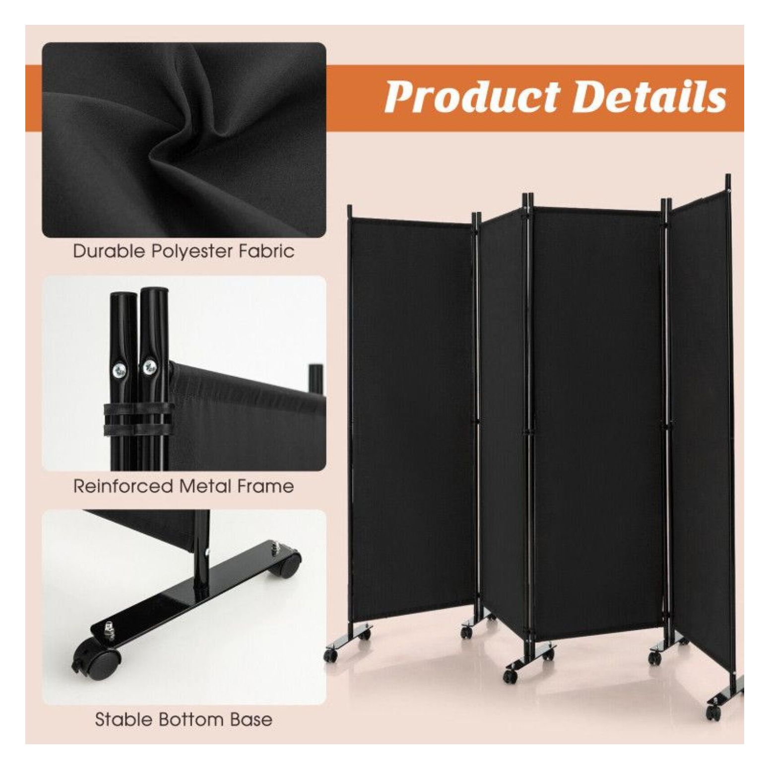 Yunken 4-Panel Folding Room Divider with Lockable Wheels, 5.6 Ft Tall Portable Privacy Screen for Home & Office Use