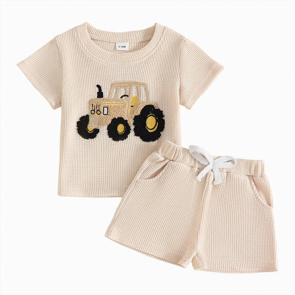 mgoYE Toddler Baby Boy Summer Clothes 12 18 24 Months 2T 3T 4T 5T Waffle Truck Embroidery Short Sleeve Tops T-Shirt and Shorts Sets Cute 2Pcs Outfits Size 2-3 Years