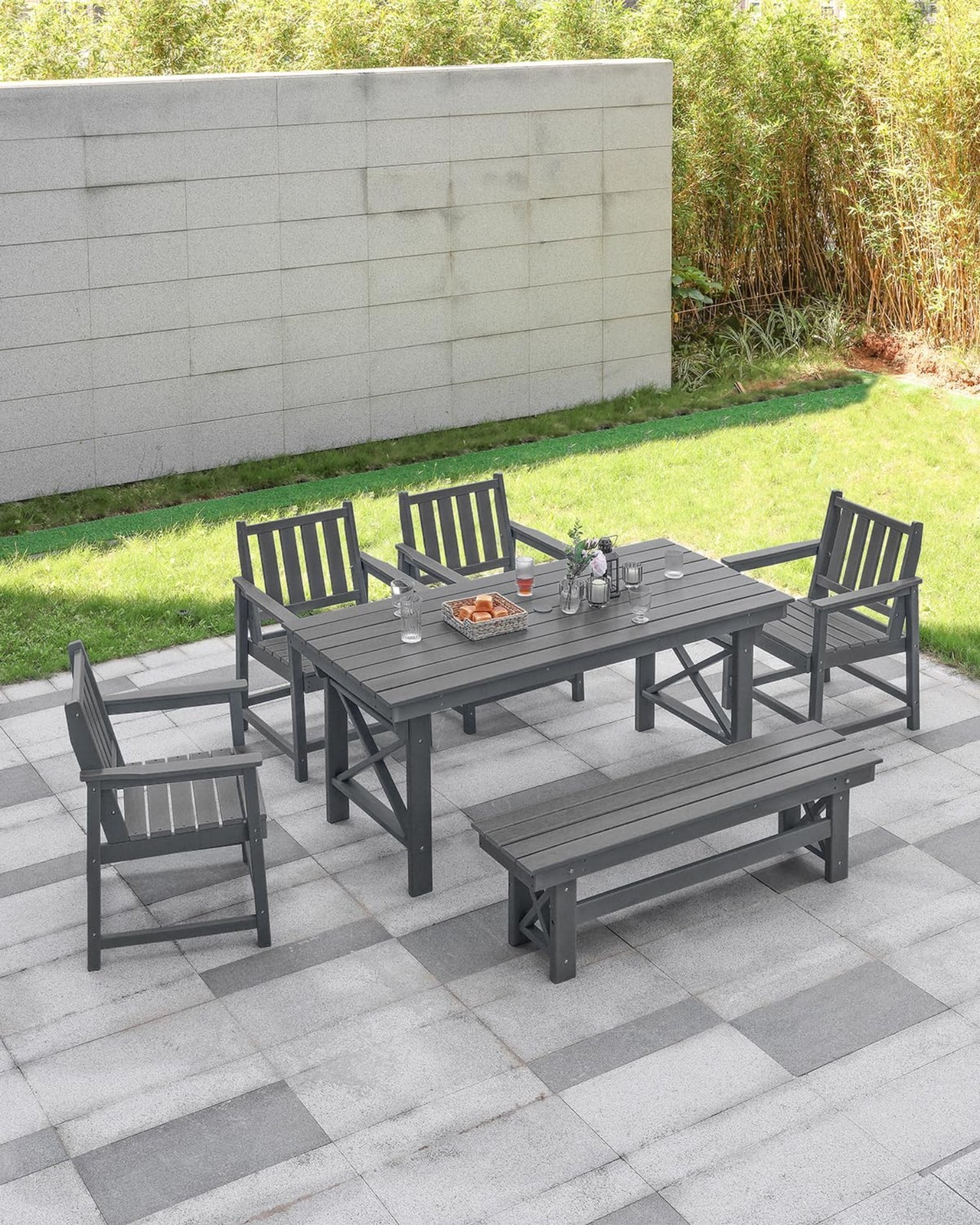 HDPE Outdoor Dining Table for 6, 66.9" Rectangle Patio Dining Table with 2.2" Umbrella Hole, All Weather HDPE Outdoor Table for Backyard, Deck, Garden, Poolside, Smoke Gray