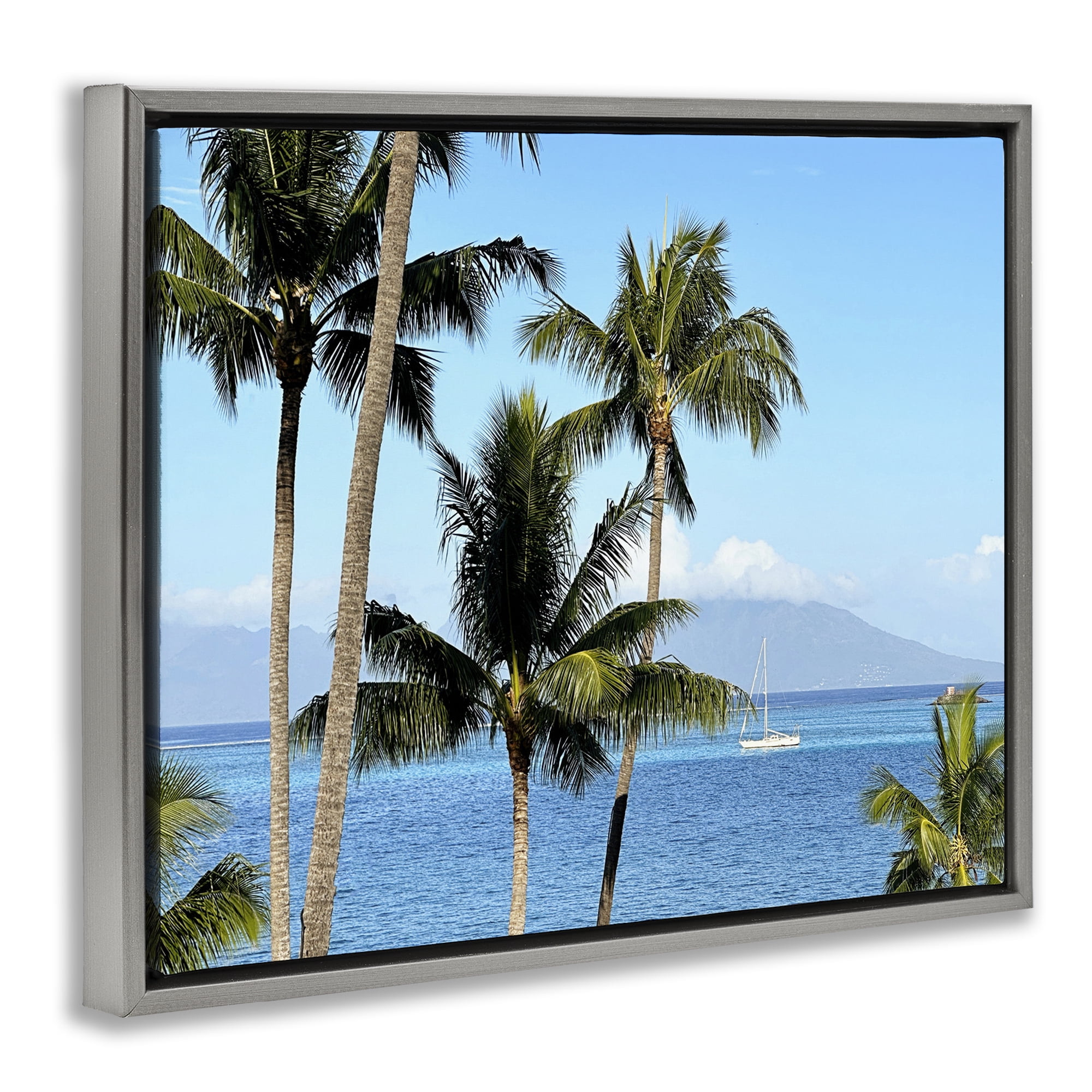 Stupell Industries Palm Trees & Sailboat Landscape Photography Gray Floater Framed Canvas Art Print Wall Art, 21 x 17