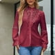 thumbnail image 4 of Blusa retro de encaje con volantes, de manga larga, color rojo oscuro, hueca, de un solo pecho y color puro, talla XL, 4 of 6