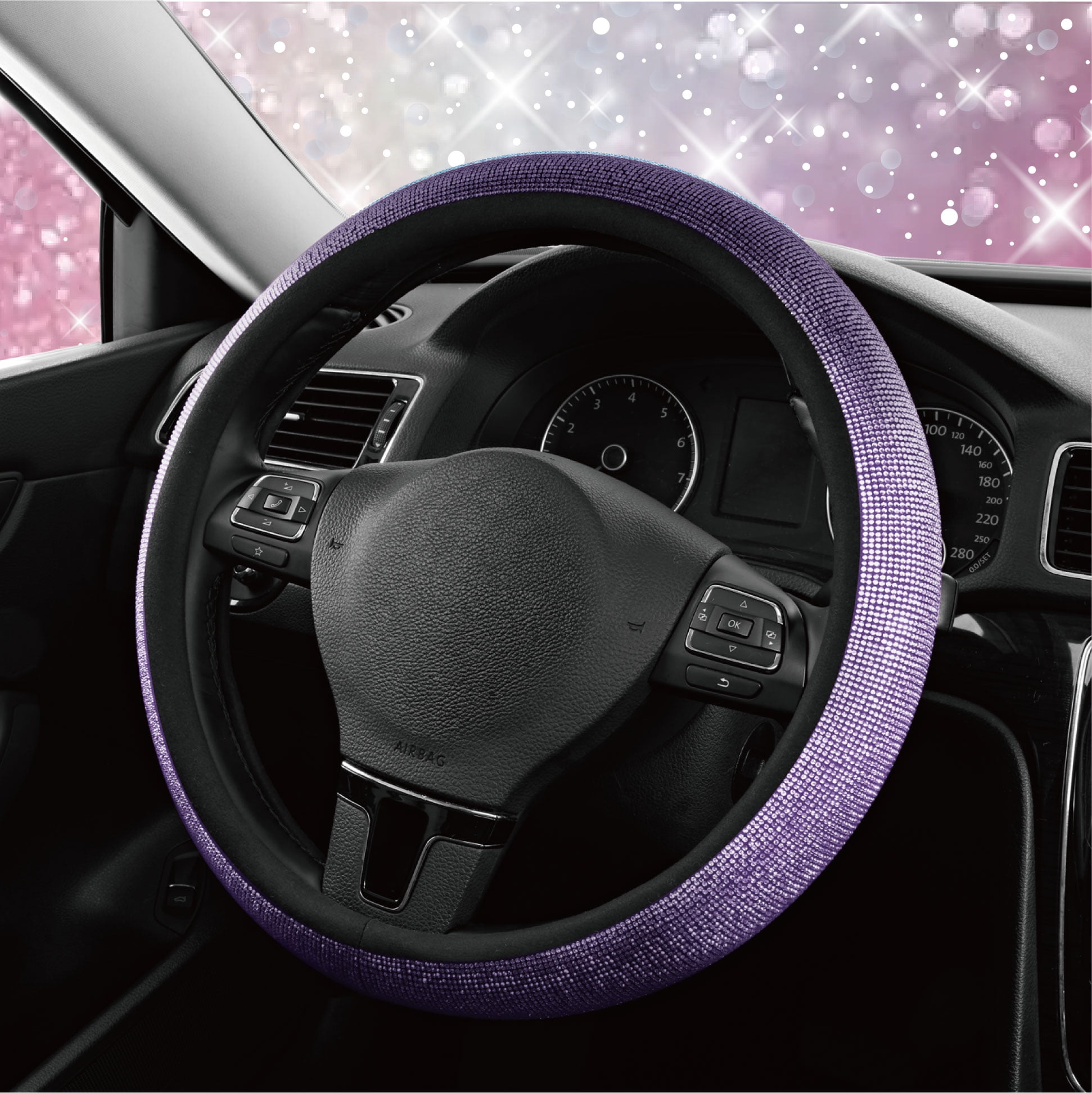 Auto Drive Bling Diamond Steering Wheel Cover, Sparkly Crystal Grip, Universal Fit for Cars,SUVs Dark Purple