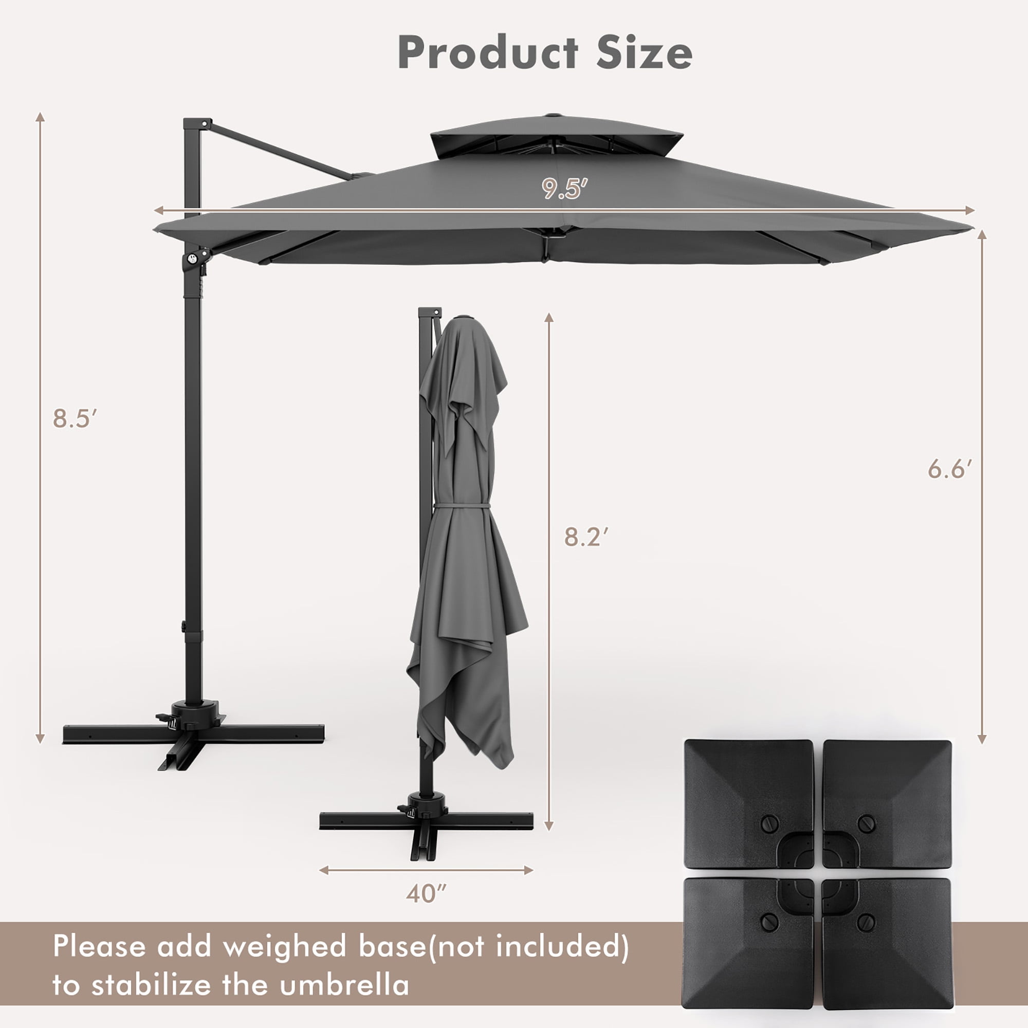 Gymax Patio 9.5FT Square Cantilever Offset Umbrella Double Vented 360°  Heavy Duty Gray