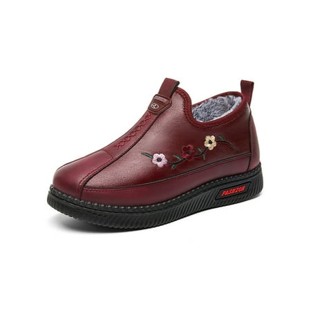 

Ritualay Ladies Lightweight Plush Lined Shoe Anti-Slip Pull On Winter Shoes Driving Walking Round Toe Casual Loafer Red 6.5