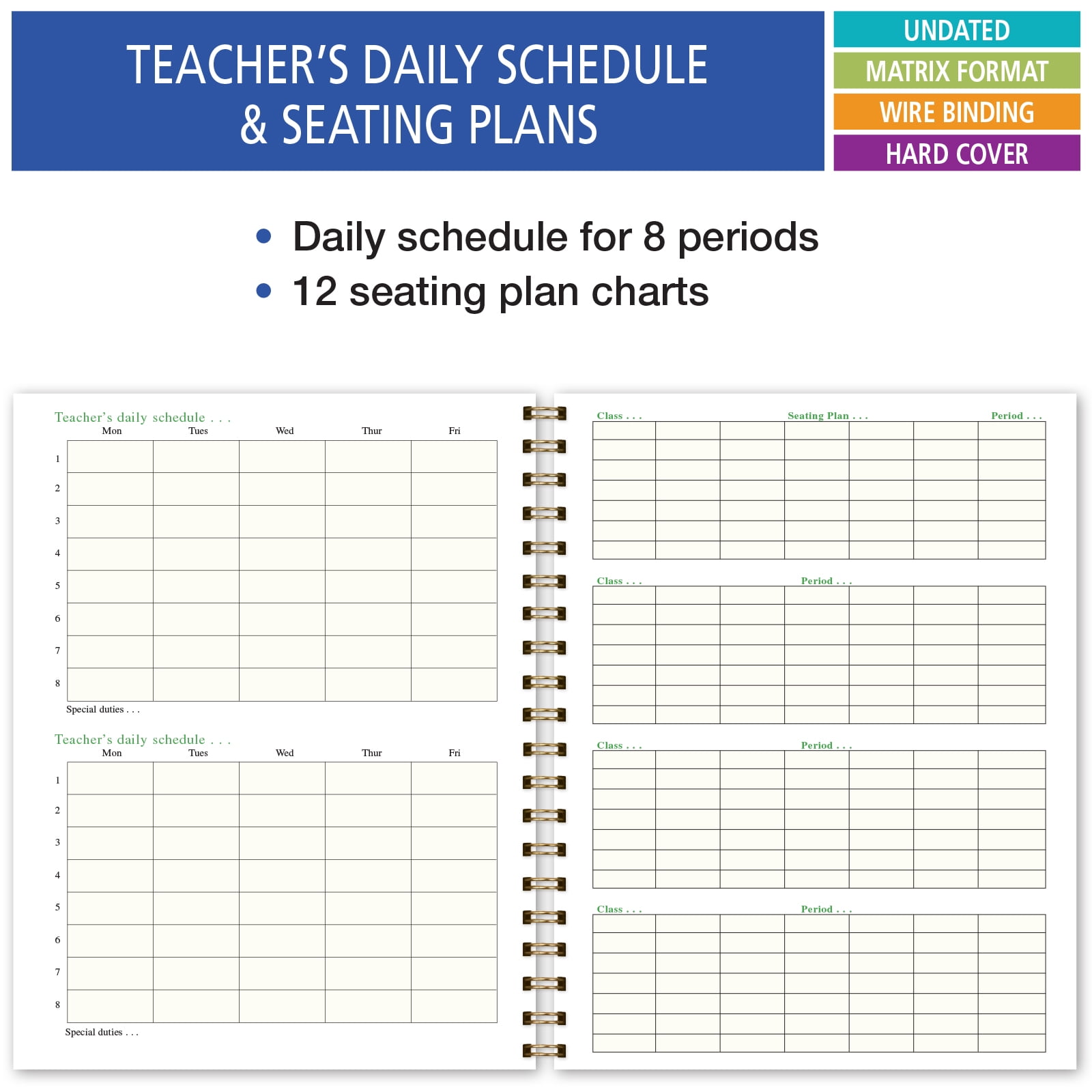 Elan Publishing Company Hardcover 8 Period Teacher Lesson Plan - Days Vertically Down the Side with Bonus Clip-in Bookmark (Rainbow Gold Marble)