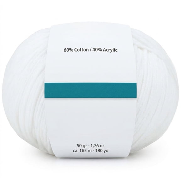 Cotton Acrylic Yarn for Crocheting and Knitting, Soft Fine Sport Weight 2 Yarn, 180 Yards 1.76 Oz Skein, Garment Crafting Supplies, White
