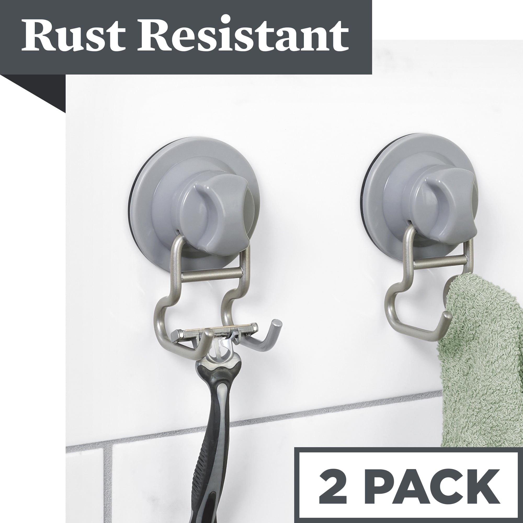 Better Homes & Gardens Dual Hooks, Rust-Resistant, with Power Grip Pro Suction or Adhesive Mount, 2 Pack, Satin Nickel