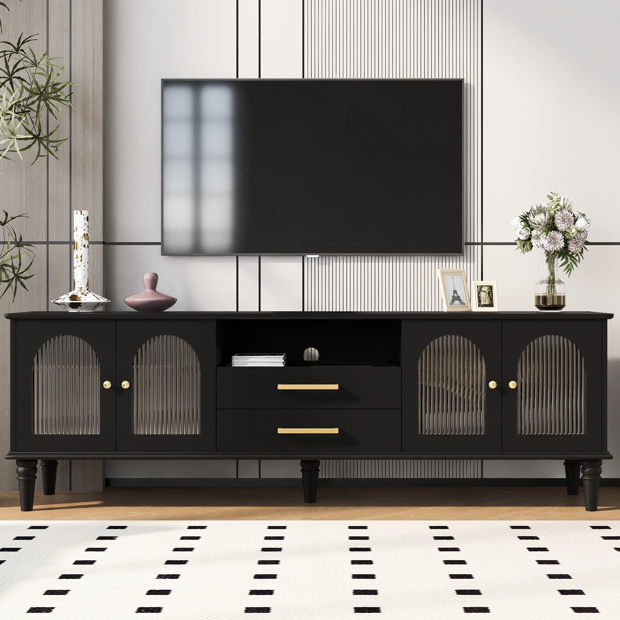 Harper & Bright Designs TV Stand with Fluted Glass Doors for 75 inch TV, TV Storage Cabinet Table with Drawers, Wood Media Console Table with Solid Wood Legs for Living Room, Black