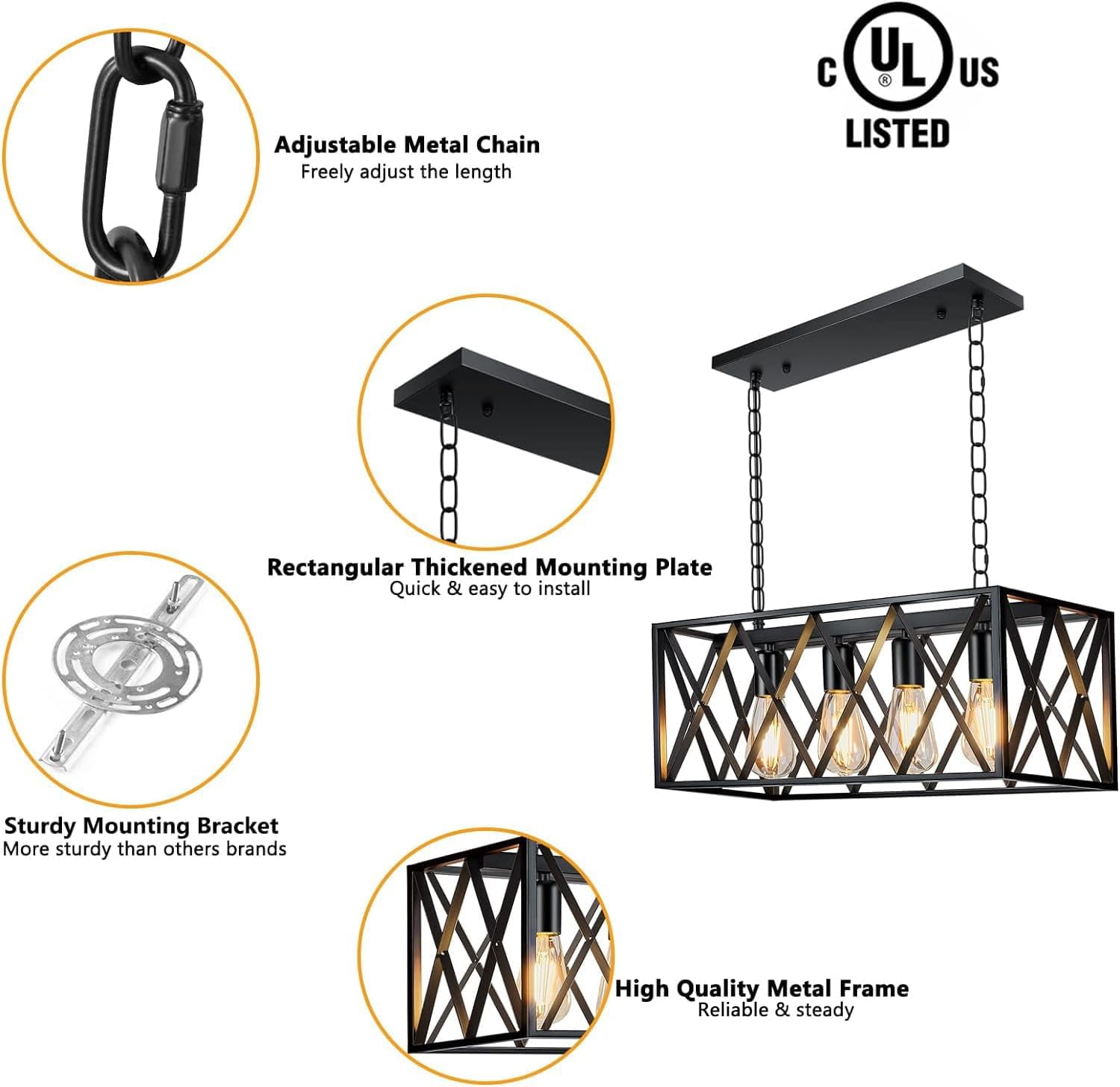 Farmhouse Kitchen Island Lighting Pendant Light Fixture Chandelier 4-Light Rectangular Pendant Lighting for Dining Room Bar Foyer(Height Adjustable)