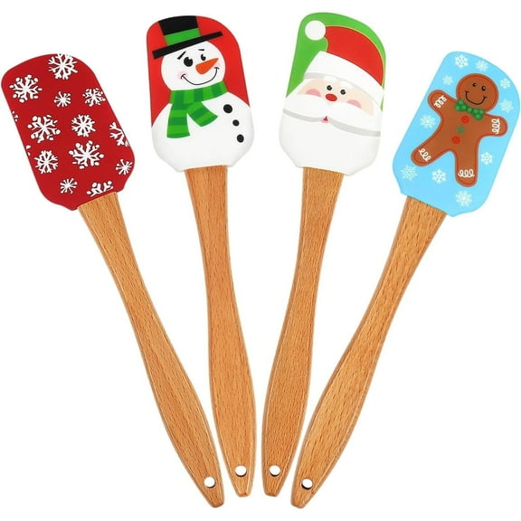 Christmas Silicone Spatula, Set of 4, Baking Spatula with Wooden Handle, for Stir Butter Cream