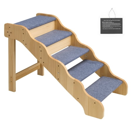 KFFKFF Wooden Pet Stairs, 5-Step Ladder for Beds, Sofas, and Cars, 150lbs Capacity, Anti-Slip Surface, Stable Steps for Small to Large Pets and Older Animals