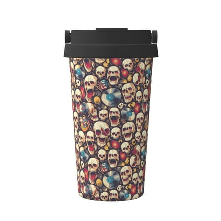 

KLL rock record music Skull Pattern Stainless Steel Vacuum Insulated Tumbler - Carry Insulated Coffee Mug - Reusable Insulated Cold Brew Iced Coffee Cup Thermos