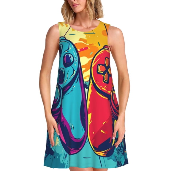 Kuqiui Gaming for Women's Sleeveless A-Line Dress with Pockets, Casual Knee Length Loose Tank Dress for Summer