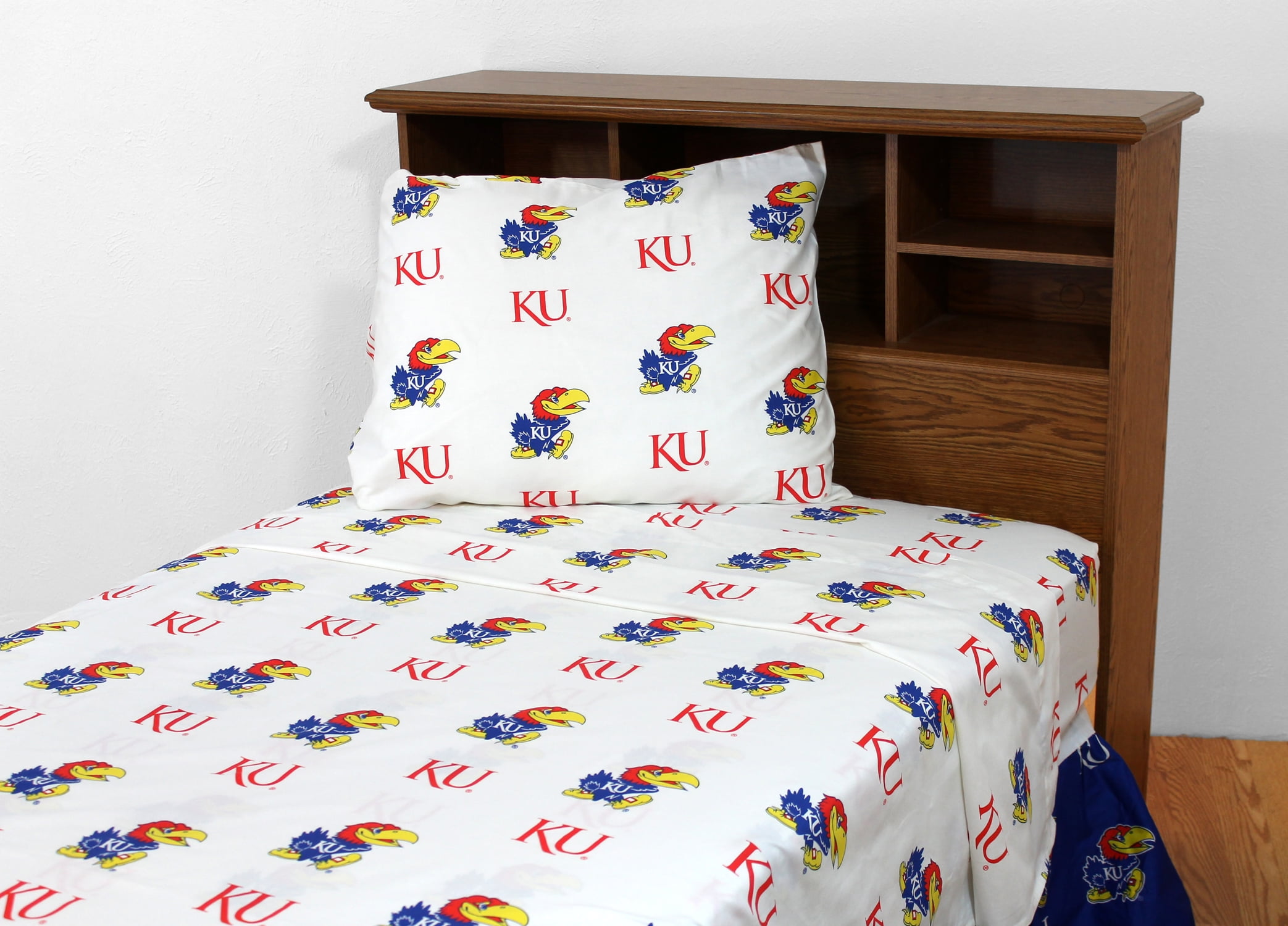 Kansas Jayhawks 100% cotton, 3 piece sheet set - flat sheet, fitted sheet, 1 pillow case, Twin, White