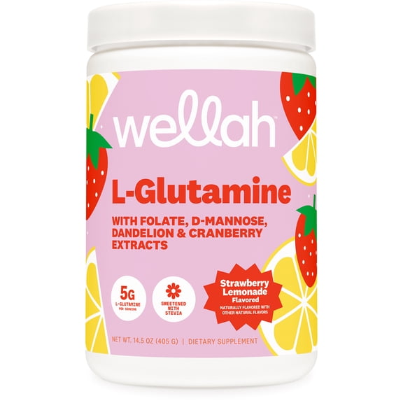 Wellah L-Glutamine Strawberry Lemonade Flavored (50 Servings) - 5g L-Glutamine Per Serving, Sweetened with Stevia
