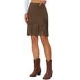 thumbnail image 4 of INSPIRE CHIC Women's Faux Suede Skirt Fringe Trim High Waist Vintage Casual Mini Skirts M Dark Brown, 4 of 5