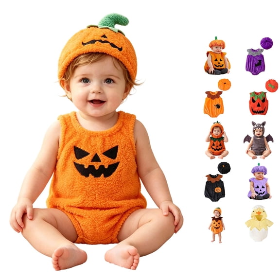 CUZIBR Baby Girls 2 Piece Halloween Pumpkin Costume Sleeveless Fuzzy Funny Face Print Embroidery Romper Matching Pumpkin Hat Newborn Infant Cosplay Outfit,Red-f,3-6 Months