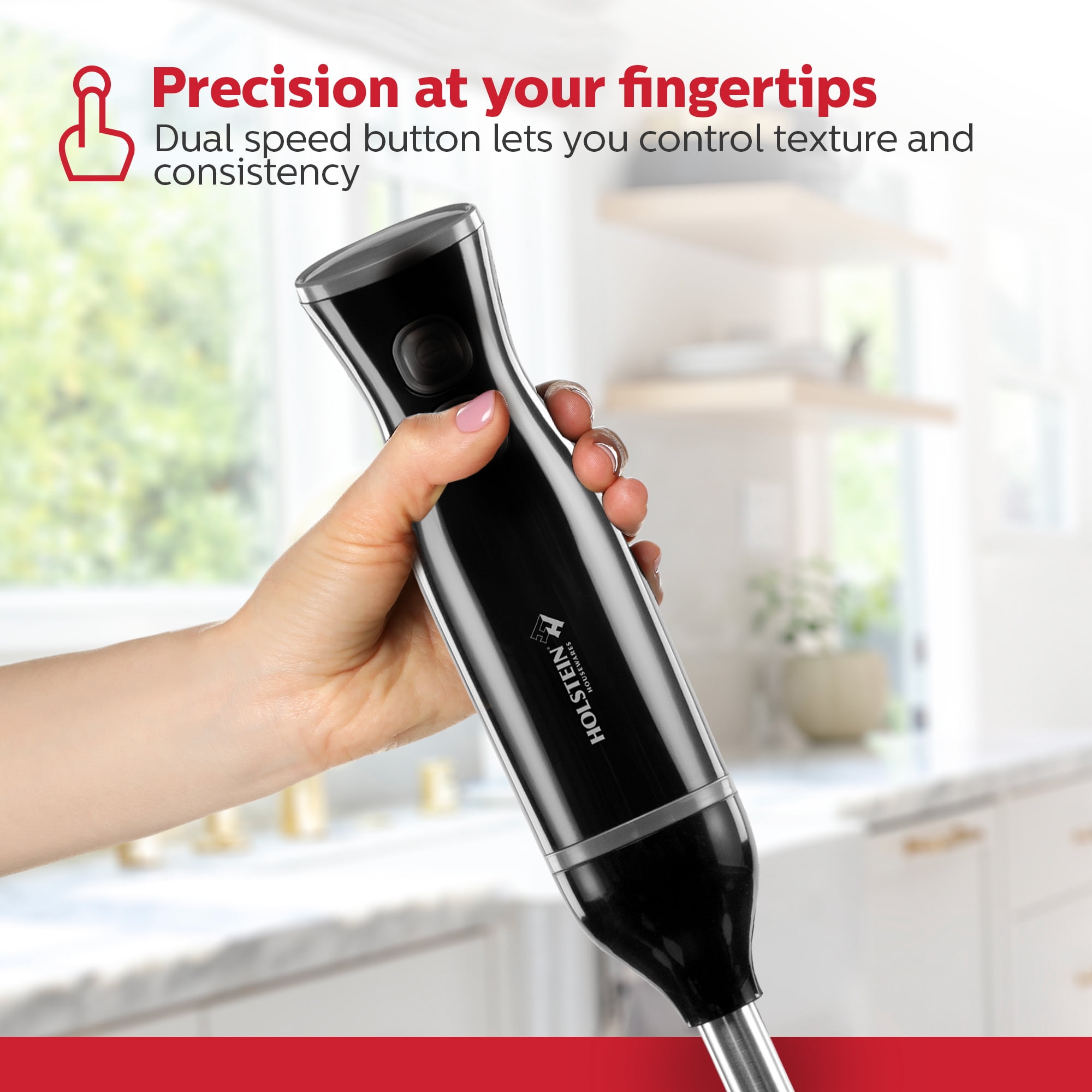 Holstein Housewares 2-Speed Hand Blender, Black – 150W Motor, Stainless Steel Blades, BPA-Free Measuring Cup Included