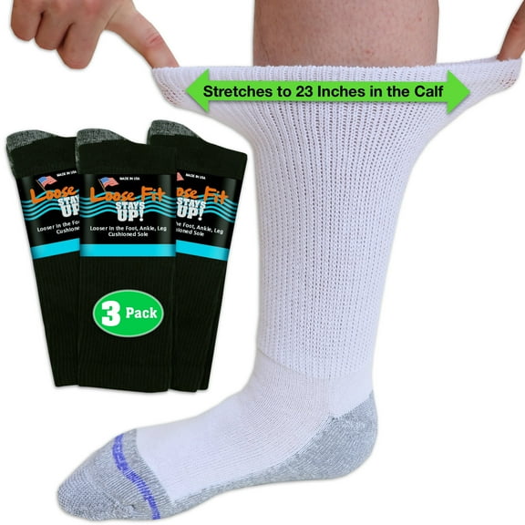 Loose Fit Stays Up Casual Crew Socks for Men and Women in Black (Pack of 3) Made in USA!