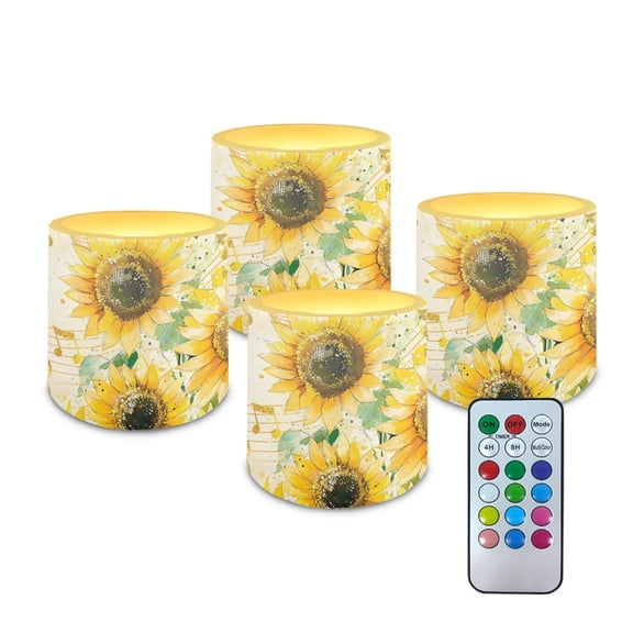 Kuiaobaty Sunflower Musical Note Flameless LED Candle with Remote Color Changing Control 4 PCS Electric Pillar Candle with 4H 8H Timer for Room Fall Wedding Christmas Decorations