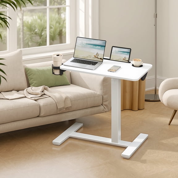 LEDREM Overbed Table with Wheels, Mobile Adjustable Standing Desk with 27.6 x 15.7 Inches Tabletop, Cup Holders and Device Slot, Cloud White