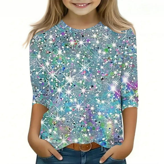 Cowsor Sequin Tops for Kid Girls Long Sleeve Shirt Sequin Party Night Glitter Sparkly Fit Dressy Blouse Crew Neck T Shirt