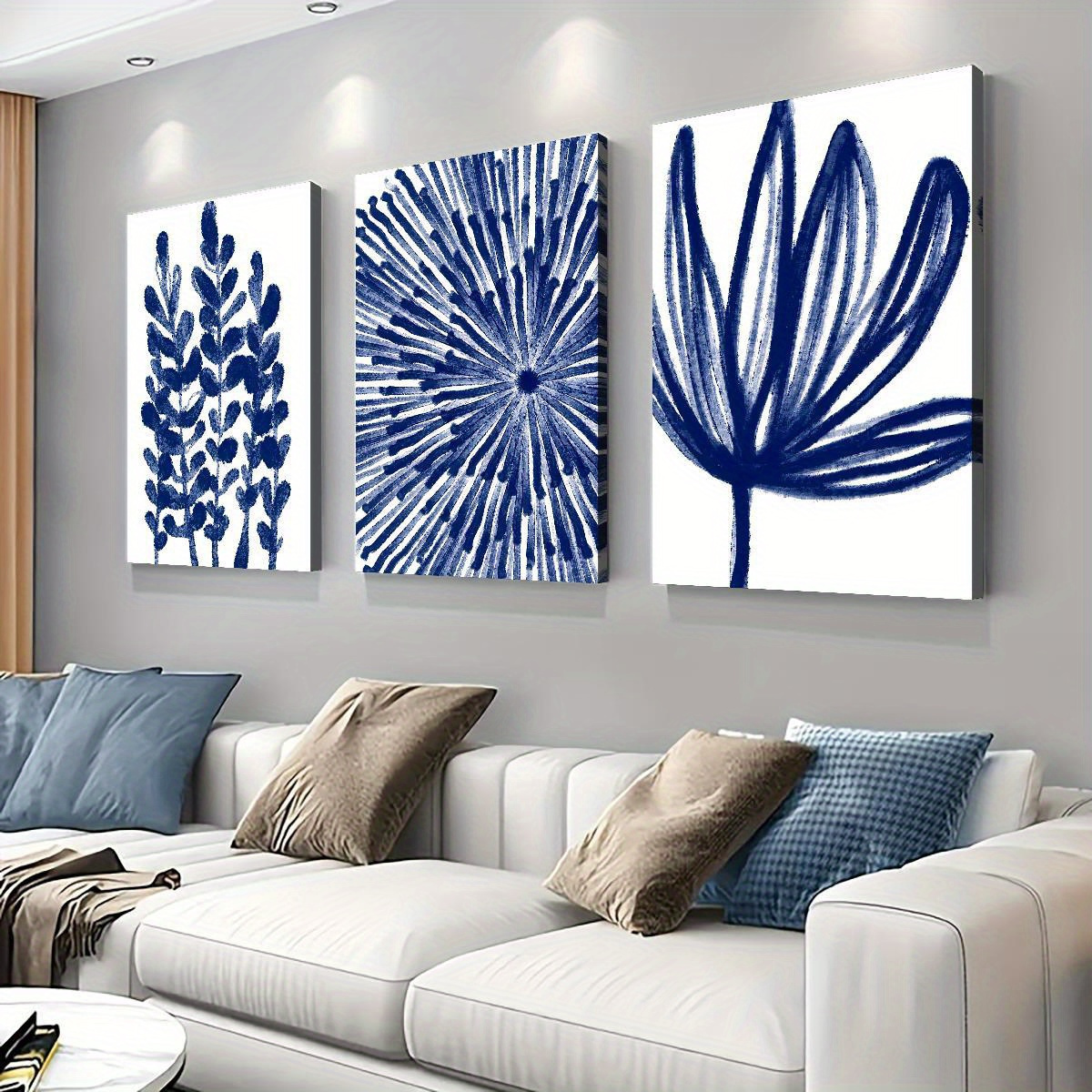 3pcs with frame -Blue floral wall art modern home decor Theme Canvas Wall Art Framed Painting Clearance Sale, 2D Flat, Suitable for Halloween, Christmas, Winter and Summer
