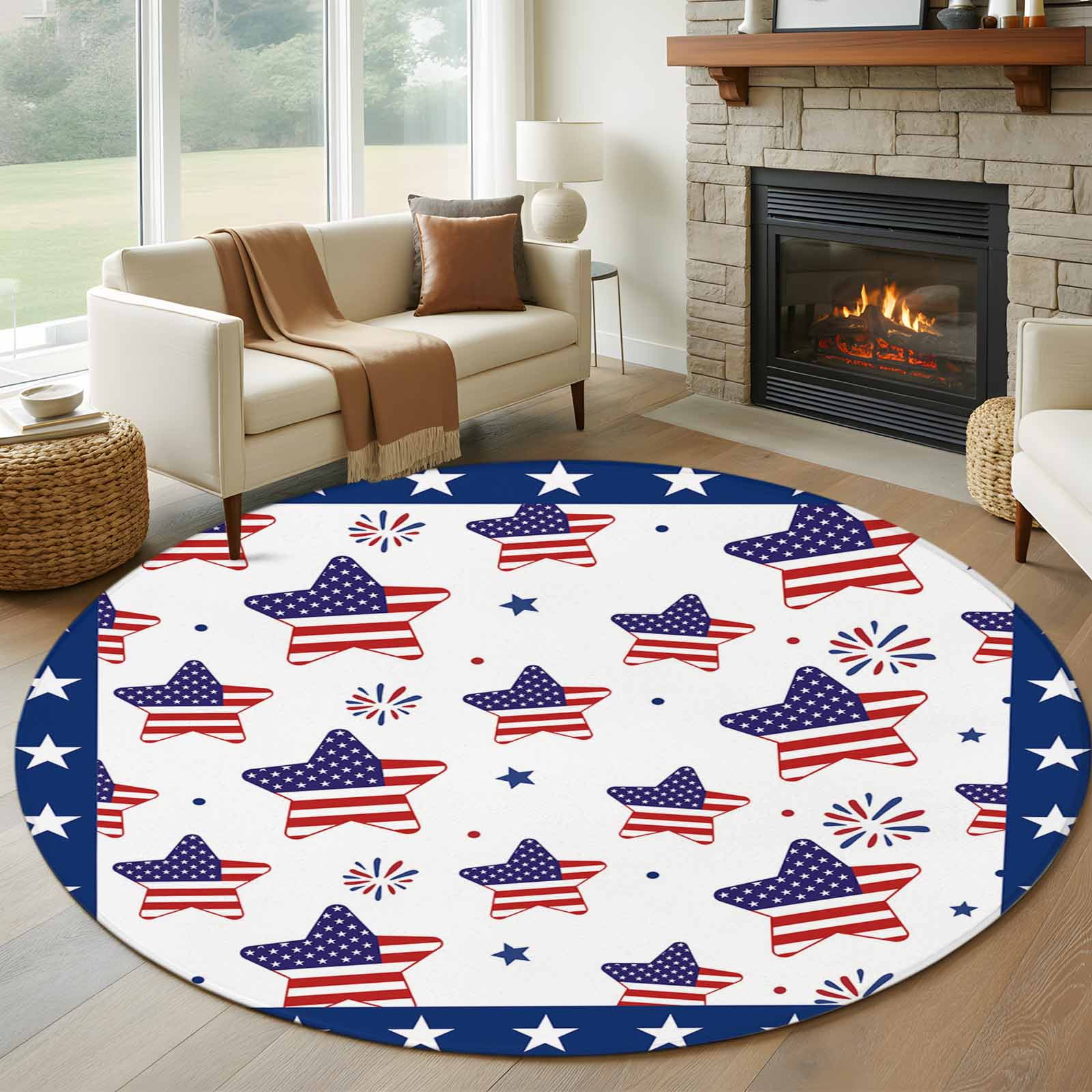 Independence Day 8 Round Rug for Open Concept Living Room Seating Zone American USA Flag Stars Washable Non Slip Large Circle Area Rug