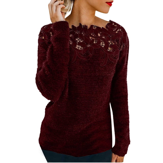Breezora Chandail en Tricot Patchwork en Dentelle Florale pour Femmes Col Rond Manches Longues Chandail Décontracté avec Détails Élégants Taille P Rouge