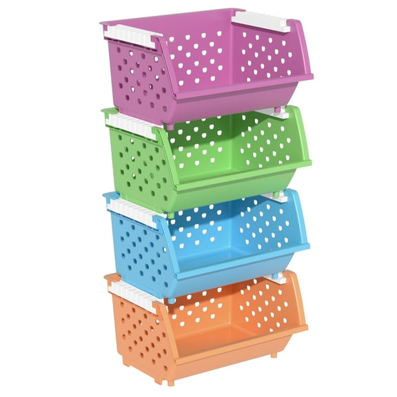 Lesbin 4-Pack Plastic Stackable Storage Baskets, Colored Stacking Bin