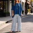 thumbnail image 2 of Costeam Womens Vertical Stripe Wide Leg Pant Two Piece Outfit Oversized Asymmetric Hem Short Sleeve Crew Neck Top with Side Pocket Loose Fit Casual Co Ord Set, 2 of 6